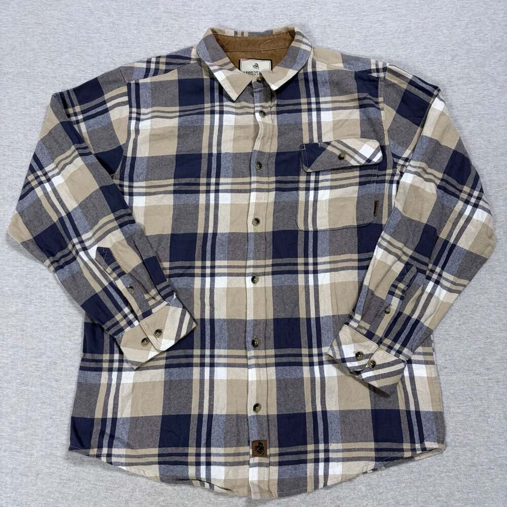 Legendary Whitetails Buck Camp Flannel Shirt Size LG Blue Tan Plaid Cotton